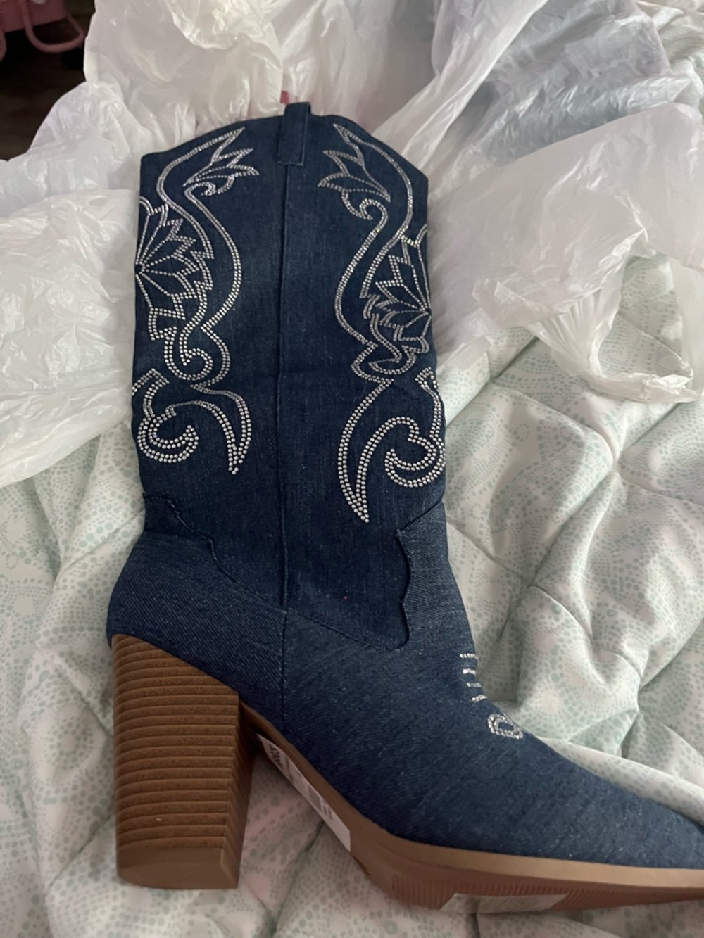 Denim Western Cowboy Boots with Rhinestone Embroidery